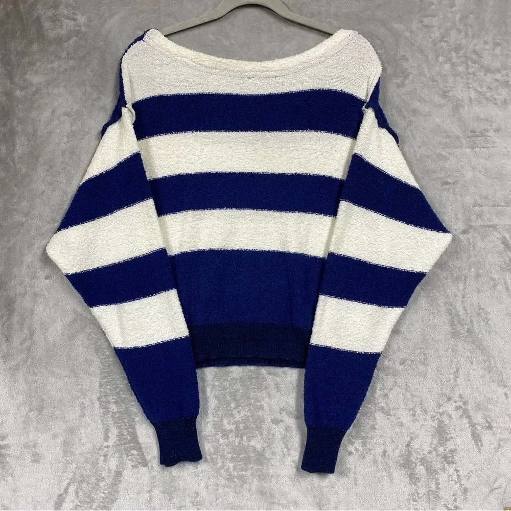 Free People Candyland Pullover Navy Striped Boat Neck Sweater Top Size L